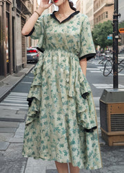 Beautiful Green Ruffled Pockets Cotton Dresses Summer