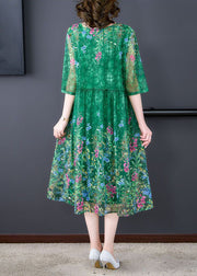 Beautiful Green Ruffled Print Tulle Dress Half Sleeve