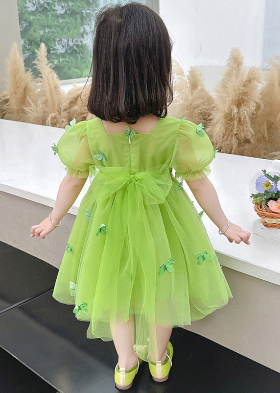 Beautiful Green Square Collar Patchwork Tulle Girls Long Dresses Short Sleeve