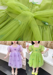 Beautiful Green Square Collar Patchwork Tulle Girls Long Dresses Short Sleeve