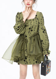 Beautiful Green Square Collar Print Tulle Patchwork Mid Dresses Long Sleeve