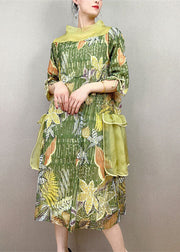 Beautiful Green Stand Collar Embroideried Patchwork Tulle Dress Summer