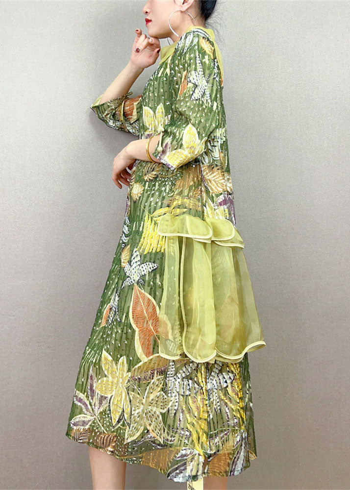 Beautiful Green Stand Collar Embroideried Patchwork Tulle Dress Summer