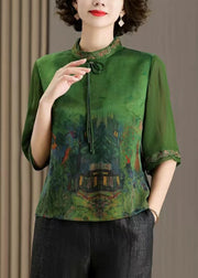 Beautiful Green Tasseled Print Patchwork Silk Tops Half Sleeve