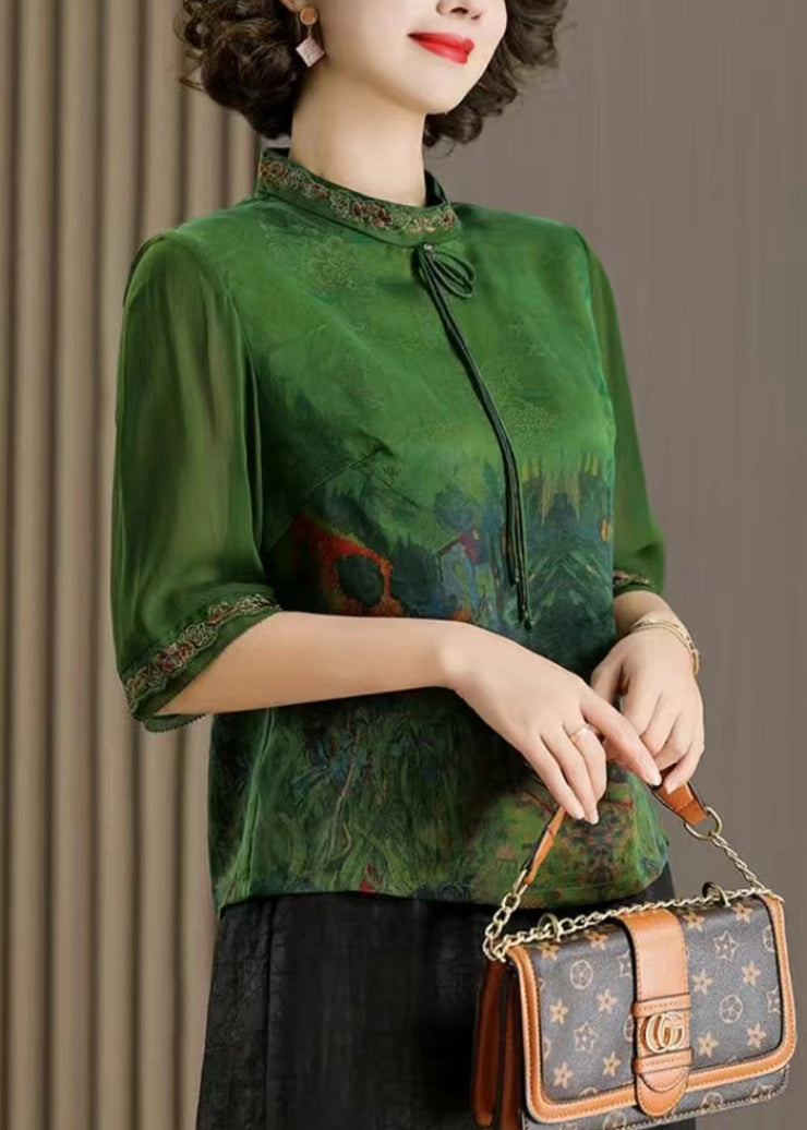 Beautiful Green Tasseled Print Patchwork Silk Tops Half Sleeve