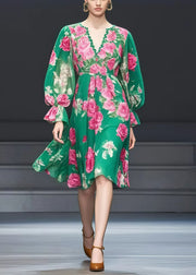 Beautiful Green V Neck Floral Print Chiffon Tea Dress Fall