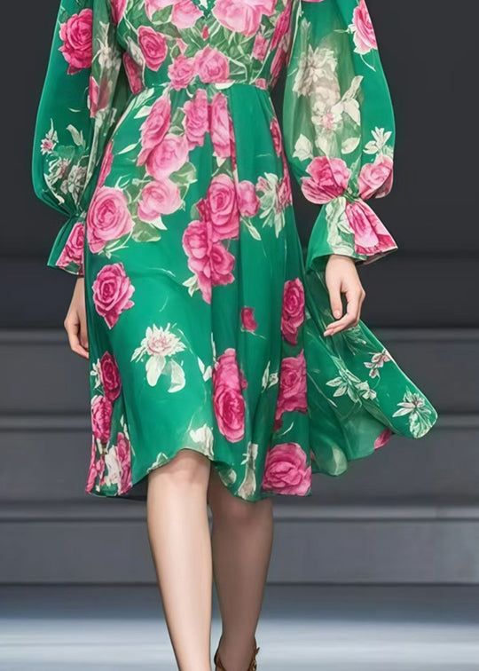 Beautiful Green V Neck Floral Print Chiffon Tea Dress Fall