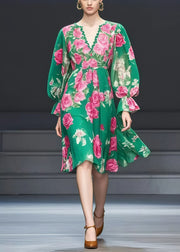 Beautiful Green V Neck Floral Print Chiffon Tea Dress Fall