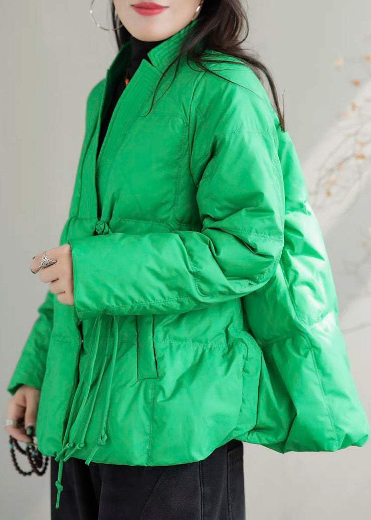 Beautiful Green V Neck Pockets Duck Down Jackets Winter