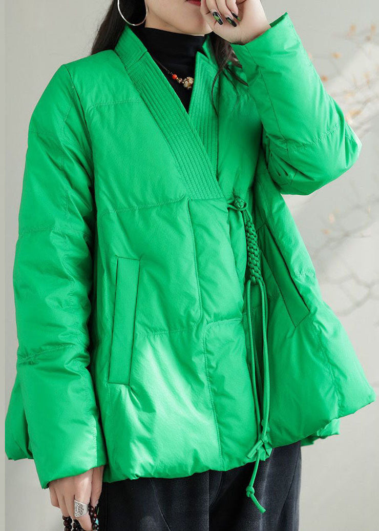 Beautiful Green V Neck Pockets Duck Down Jackets Winter