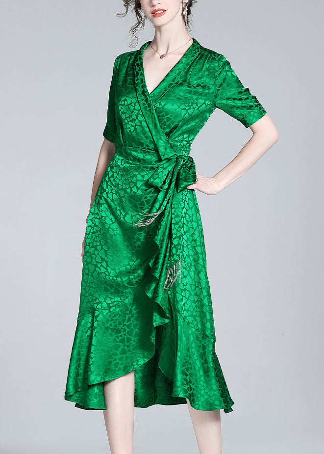 Beautiful Green V Neck Print Bow Tunic Maxi Dress Short Sleeve