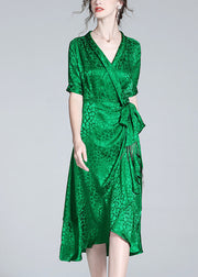 Beautiful Green V Neck Print Bow Tunic Maxi Dress Short Sleeve