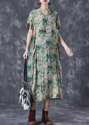 Beautiful Green V Neck Print Linen Robe Dresses Summer