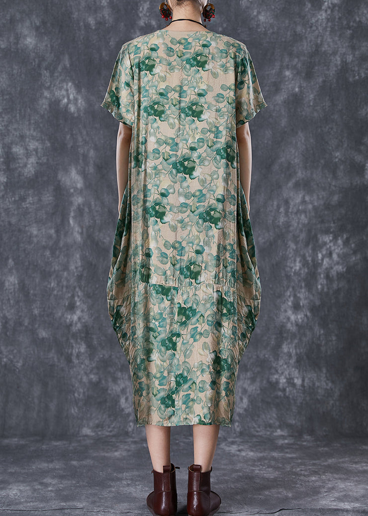 Beautiful Green V Neck Print Linen Robe Dresses Summer