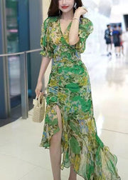 Beautiful Green V Neck Print Patchwork Chiffon Long Dress Summer