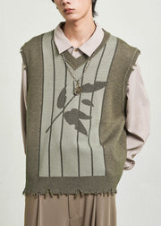 Beautiful Green V Neck Print Thick Knit Waistcoat Fall