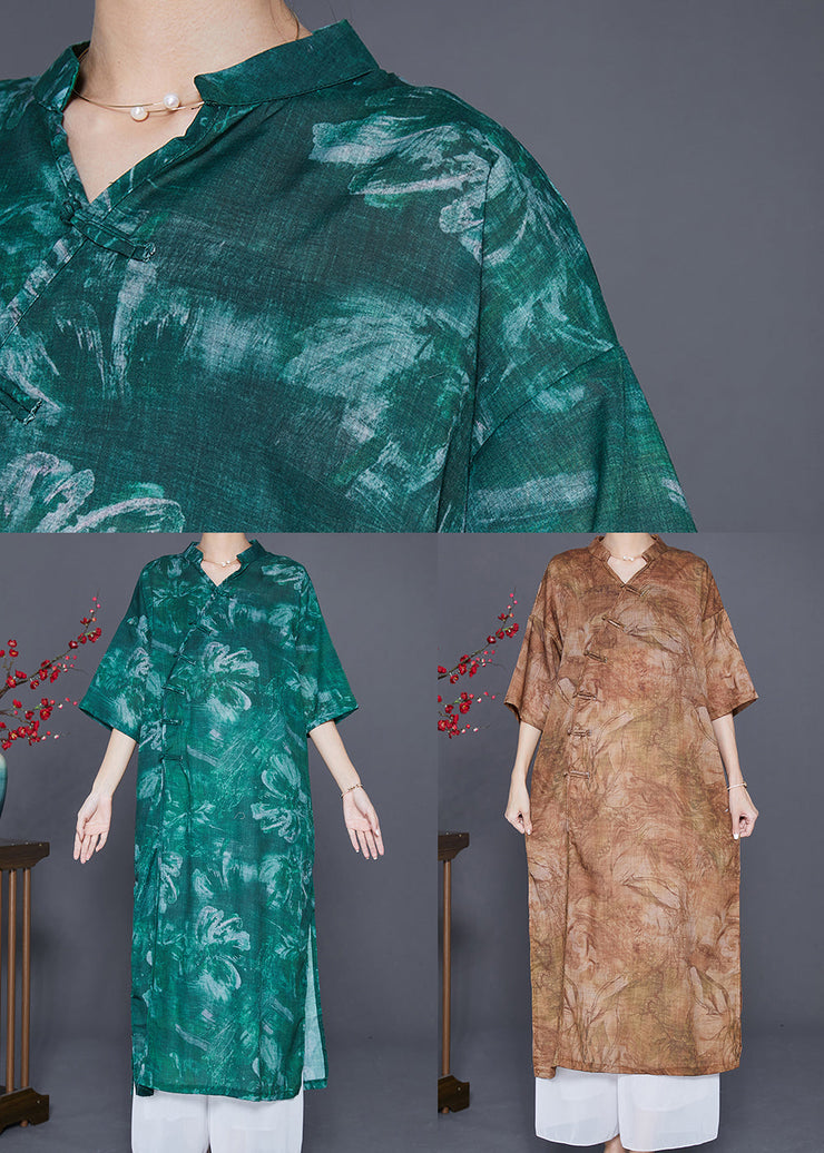 Beautiful Green V Neck Tie Dye Linen Long Dress Summer