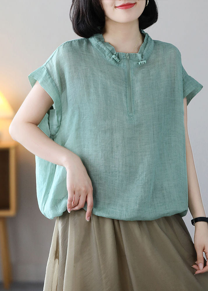 Beautiful Green Zip Up Drawstring Cotton Sweatshirts Top Short Sleeve