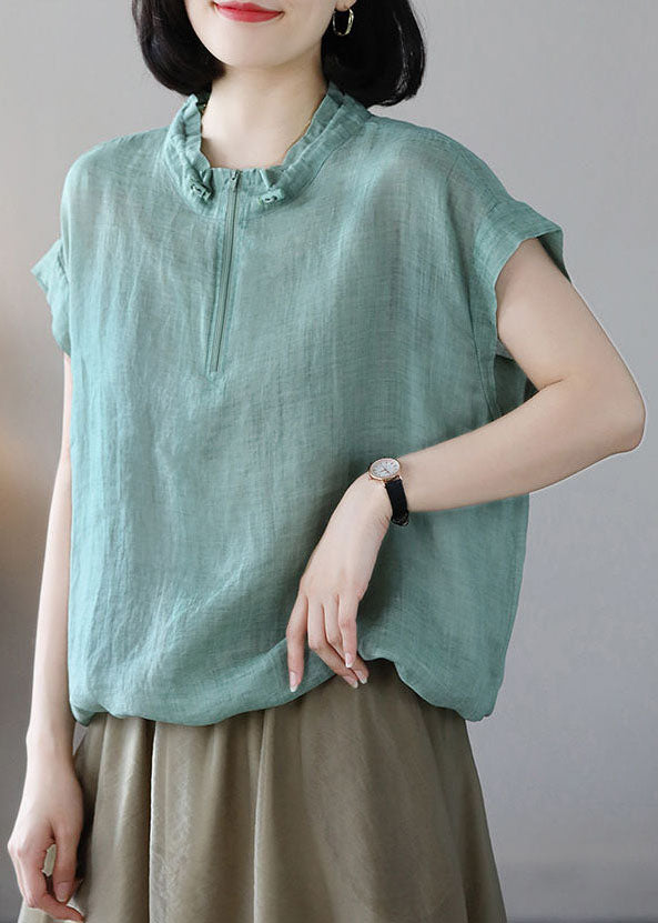 Beautiful Green Zip Up Drawstring Cotton Sweatshirts Top Short Sleeve