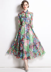 Beautiful Green Zip Up Print Chiffon Cinch Dress Half Sleeve