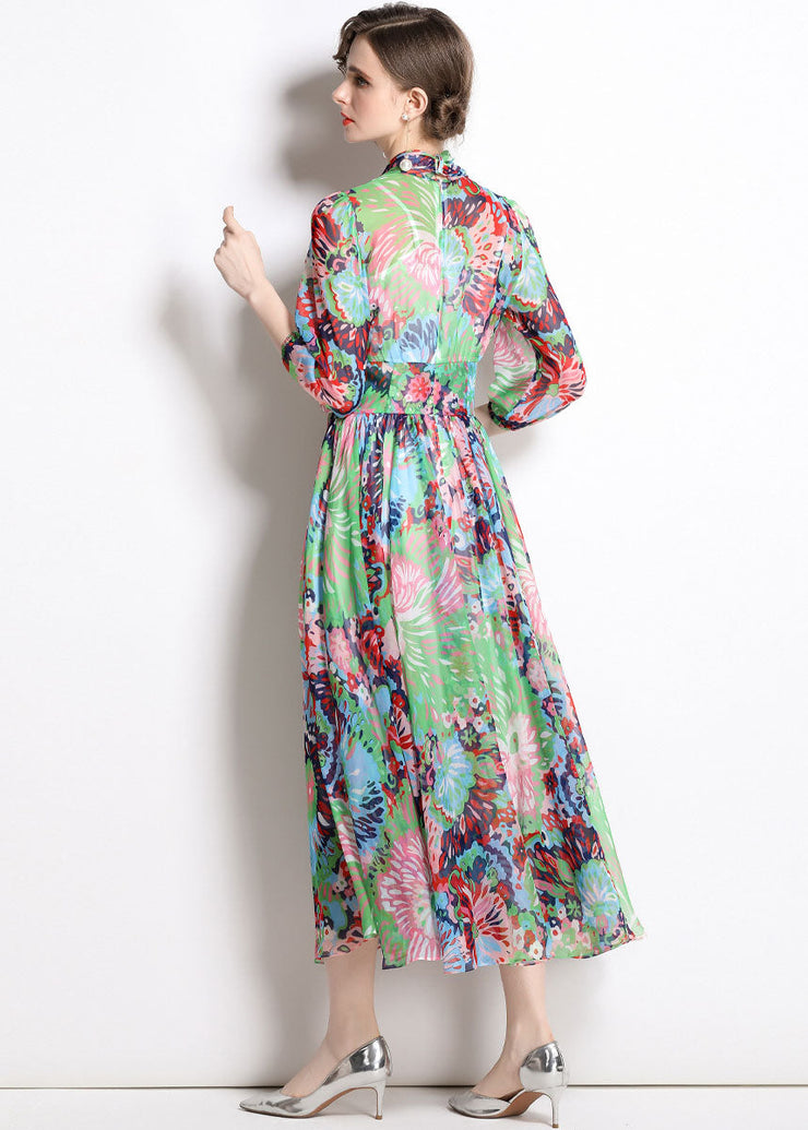 Beautiful Green Zip Up Print Chiffon Cinch Dress Half Sleeve