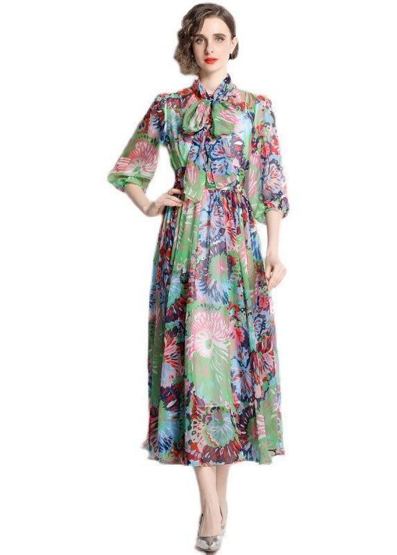 Beautiful Green Zip Up Print Chiffon Cinch Dress Half Sleeve