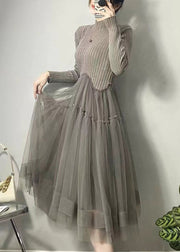 Beautiful Grey Asymmetrical Tulle Patchwork Long Dresses Fall