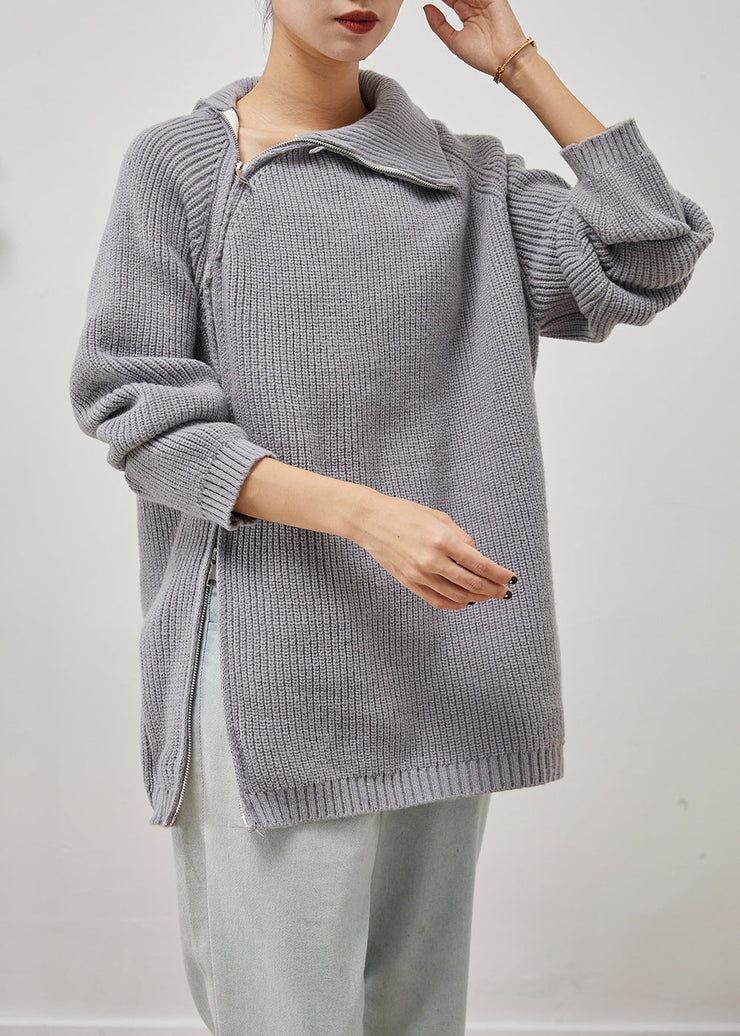 Beautiful Grey Asymmetrical Zip Up Thick Knit Sweater Tops Winter