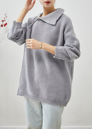 Beautiful Grey Asymmetrical Zip Up Thick Knit Sweater Tops Winter