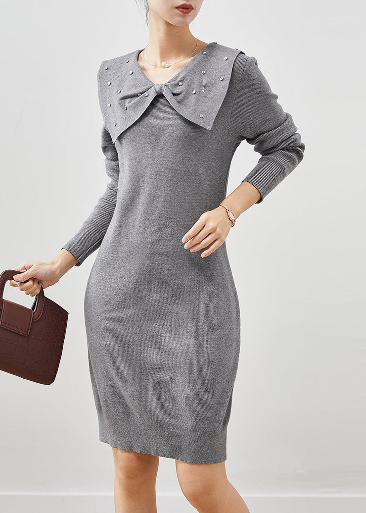 Beautiful Grey Butterfly Collar Silm Fit Knit Sweater Dress Spring