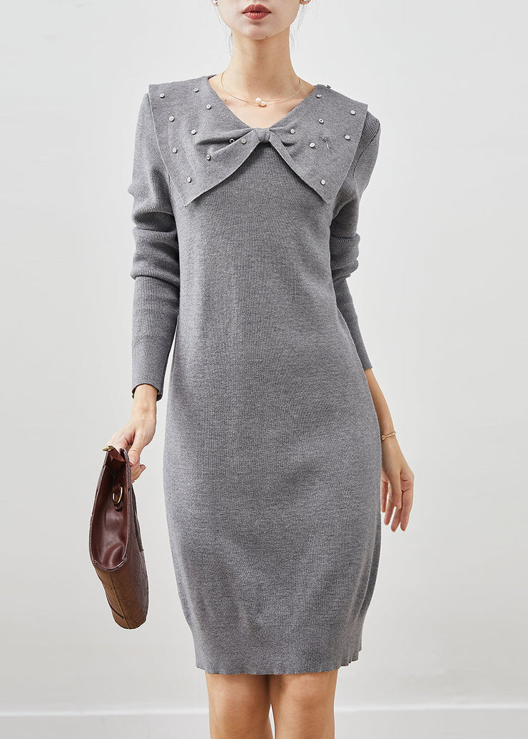 Beautiful Grey Butterfly Collar Silm Fit Knit Sweater Dress Spring