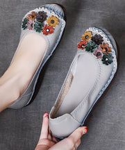 Beautiful Grey Faux Leather Flower Splicing Flats Shoes