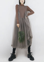 Beautiful Grey O-Neck Asymmetrical Design Tulle Long Dress Sleeveless