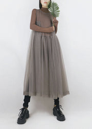 Beautiful Grey O-Neck Asymmetrical Design Tulle Long Dress Sleeveless