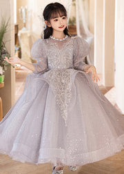 Beautiful Grey O-Neck Embroideried Patchwork Tulle Girls Maxi Dresses Fall