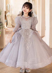 Beautiful Grey O-Neck Embroideried Patchwork Tulle Girls Maxi Dresses Fall