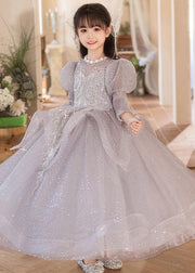 Beautiful Grey O-Neck Embroideried Patchwork Tulle Girls Maxi Dresses Fall