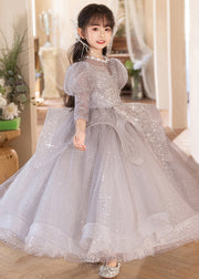 Beautiful Grey O-Neck Embroideried Patchwork Tulle Girls Maxi Dresses Fall