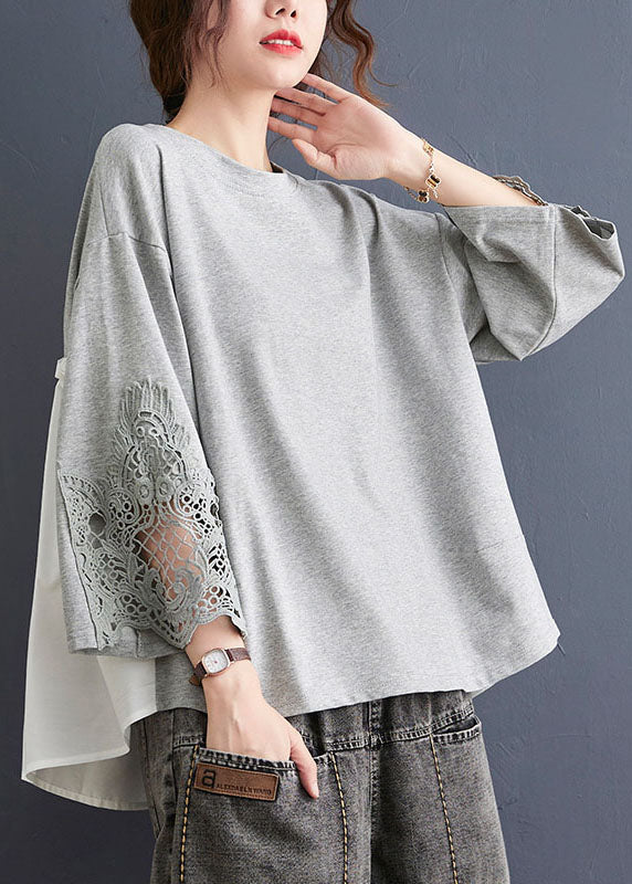 Beautiful Grey O Neck Hollow Out Embroideried Patchwork Cotton T Shirt Top Summer