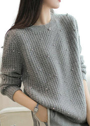 Beautiful Grey O Neck Nail Bead Woolen Knit Sweaters Winter