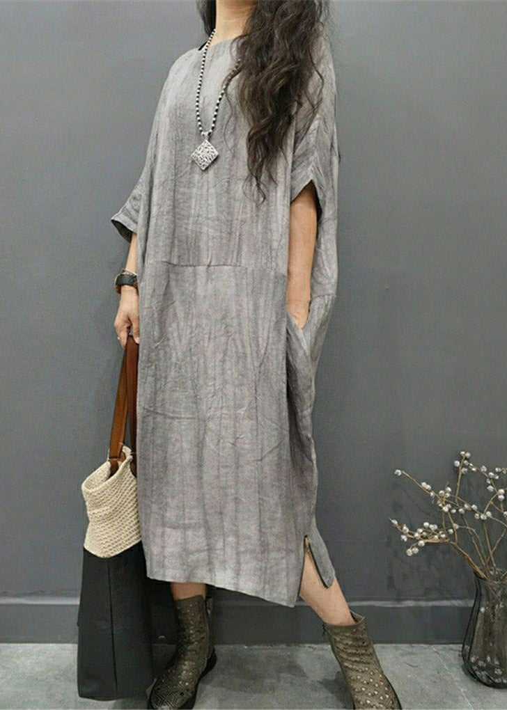 Beautiful Green text O-Neck Wrinkled Side Open Linen Long Dress Batwing Sleeve