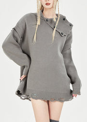 Beautiful Grey Peter Pan Collar Asymmetrical Cozy Button Thick Knit Sweater Fall