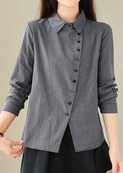 Beautiful Grey Peter Pan Collar Plaid Cotton Shirts Top Spring