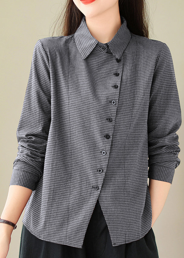 Beautiful Grey Peter Pan Collar Plaid Cotton Shirts Top Spring