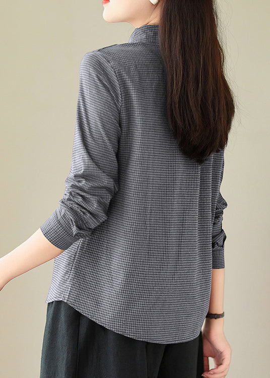 Beautiful Grey Peter Pan Collar Plaid Cotton Shirts Top Spring