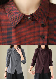 Beautiful Grey Peter Pan Collar Plaid Cotton Shirts Top Spring