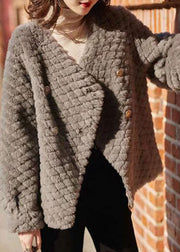 Beautiful Grey Pockets Button Patchwork Wool Jacket Winter