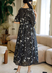 Beautiful Grey Print Patchwork Linen Long Dresses Summer