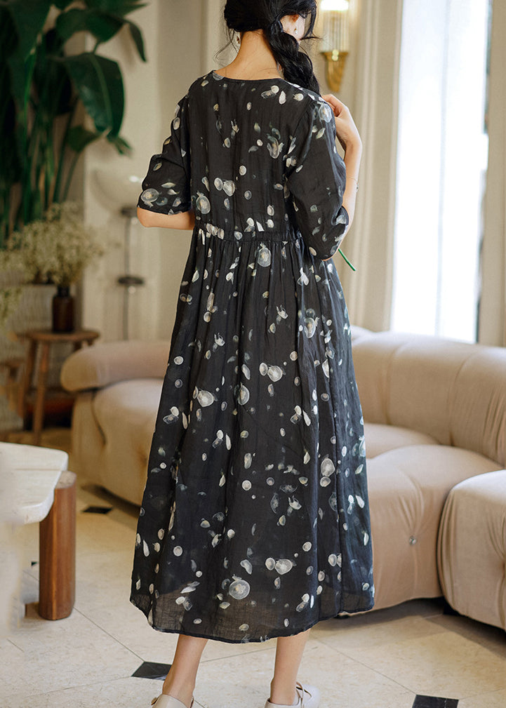 Beautiful Grey Print Patchwork Linen Long Dresses Summer