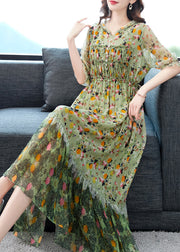 Beautiful Grey Ruffled Print Patchwork Silk Long Dresses Summer